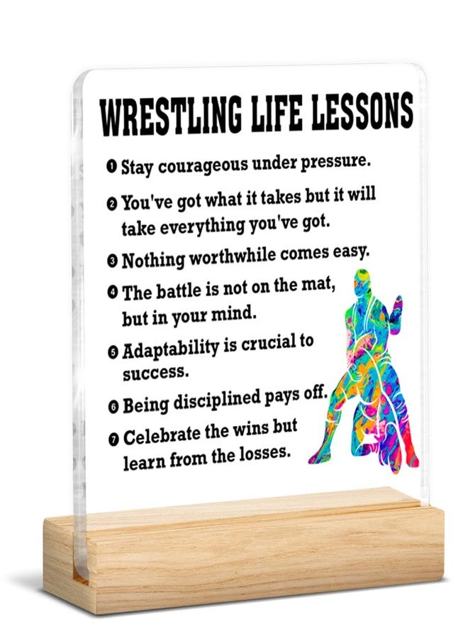 QODMGD Wrestling Gifts for Men, Motivational Gifts for Wrestlers, Wrestling Life Lessons Acrylic Plaque Sign with Wooden Stand Home Office Decor - Image 1